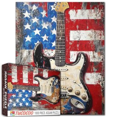 Imagem de Quebra-cabeça de grafite com bandeira americana para adultos, 1000 peças, guitarra elétrica, instrumento musical, quebra-cabeça, arte 50,8 x 68,5 cm, faça você mesmo, para decoração de casa