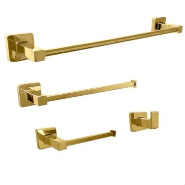 Imagem de Dona D Cor, Kit Acessórios Banheiro Dourado Brilhoso Inox 304 Conjunto 4 Peças Acabamento Quadrado Jogo Lavabo Luxo Porta Toalha