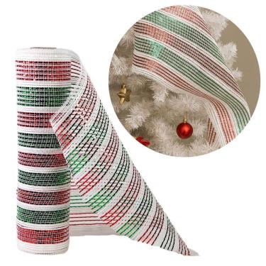 Imagem de Tela Malha Tule Decorativa Natal Candy Tricolor Vermelho Verde e Branco 25cm x 5m Premium