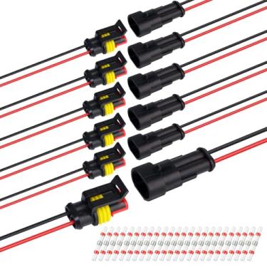 Imagem de TMH Conector de 2 pinos 22 AWG - 2 fios 10 cm. Conectores impermeáveis Conectores elétricos macho e fêmea 2 vias com tubo termorretrátil para conexão de fio de carro, caminhão, barco (6 conjuntos)