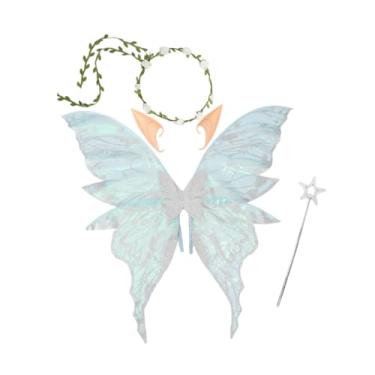Imagem de simhoa Fantasia leve de Halloween com asas de fada, cocar, orelhas de elfo, vestido extravagante, Azul Prateado