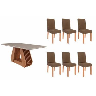 Imagem de Conjunto: Mesa de Cozinha Ágata Tampo Madeirado c/ Vidro 180x90cm e 6 Cadeiras Maia Nature/Off White - Cinamomo/Suede Mascavo Chocolate - Cimol