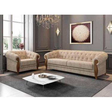 Imagem de Conjunto Estofado 2 Lug. e Poltrona e Madeira Nobre Linho Bege Adhara 