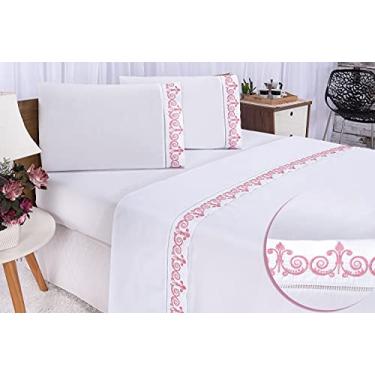 Imagem de Jogo de Lençol Bordado Atenas para Cama Queen ALGODÃO 400 Fios 4 peças (ATENAS BRANCO COM ROSE)