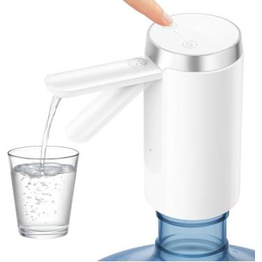 Imagem de Bomba Elétrica de Água para Galão Recarregável USB Display Digital LCD Botão Smart Touch Automática Dobrável Linha Premium Dispensador Portátil Bebedouro Sugador para Garrafão 20 Litros (Branco)