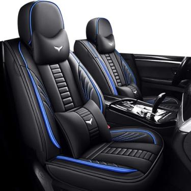 Imagem de 2 capas de assento de carro para Chevrolet Malibu 1999-2025, capa de assento de couro impermeável compatível com airbag para todos os climas, capas de assento antiderrapantes (luxo/preto e azul)
