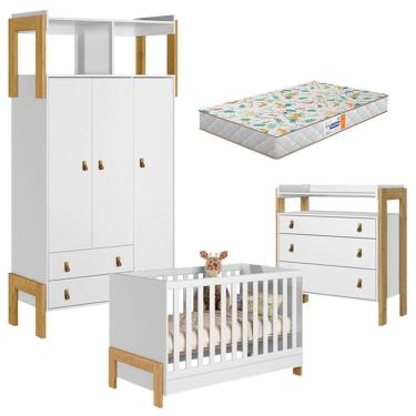Imagem de Quarto de Bebê Fantasia Branco Acetinado com Colchão Gazin – Qmovi