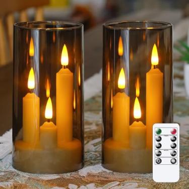 Imagem de Ofurkedle LED 2/4/6/8H Temporizador cinza acrílico curto 3 em 1 velas cônicas com controle remoto, pilar de plástico cintilante sem chama, pacote de longa duração com 2 pilhas (luz quente, 7,6 cm x