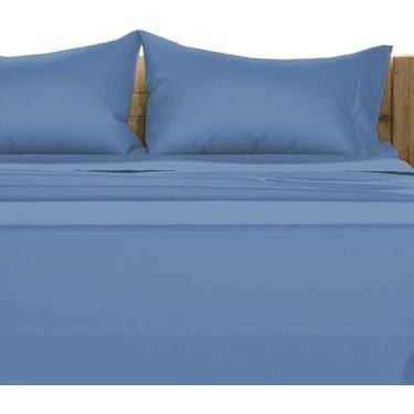 Imagem de Jogo de cama Queen macio e macio de qualidade de hotel premium de 4 peças de luxo - - Bolso profundo de 45,7 cm 100% algodão egípcio 800 fios - Azul médio liso