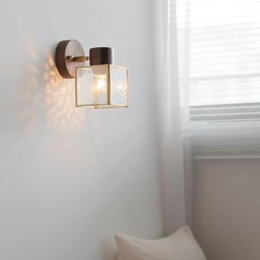 Imagem de Luminárias de parede de abajur de vidro transparente, criativas, americanas, redondas, base de nogueira, arandelas de parede, base E26/E27, ajustável, para quarto, luz de parede para corredo