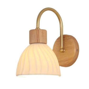 Imagem de Arandela de parede de madeira moderna, luminária de cabeceira dourada com abajur de cerâmica listrada, luminária de parede nórdica retrô de madeira maciça E27, arandelas de parede de arte co