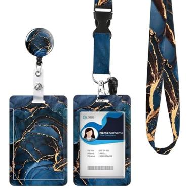 Imagem de Porta-crachá de identificação com cordão retrátil e chaveiro, carretel de crachá com mosquetão giratório, etiqueta de nome de cartão de mármore azul dourado luxuoso para estudantes, mulheres