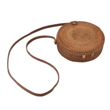 Imagem de QANYEGN Bolsa redonda de palha de vime, bolsa redonda tecida à mão, cesta circular boho com alça de couro para viagens, piquenique de verão (Plain Colour Leather Buckle with Lining)
