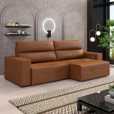 Imagem de Sofá Retrátil 3 Lugares 244cm 2 Módulos Nero com USB Couro Manchado Claro G52 - Gran Belo