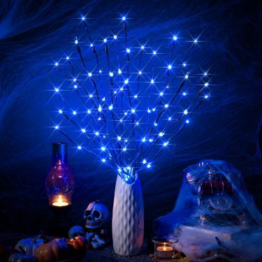 Imagem de Twig Lights, pacote com 3 ramos iluminados para vasos com 60 lâmpadas brilhantes, luzes de ramo de bateria dobráveis para Halloween, ramos de salgueiro iluminados por LED para decoração de casa de
