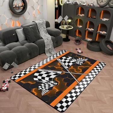 Imagem de Tapete de área de carro de corrida para meninos, tapete antiderrapante com bandeira quadriculada para adolescentes e adultos, tapete de piso interno laranja neon hexágono favo de mel para sofá de