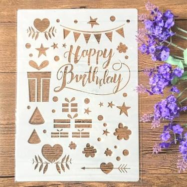 Imagem de TIAMECH A4 Estêncil reutilizável de feliz aniversário para pintura - modelo de caixa de presente de faixa de festa, arte de parede DIY, móveis de madeira, álbum de recortes e artesanato (21 x 29,7 cm)