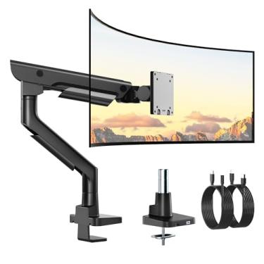 Imagem de monTEK Elegante braço de monitor de alumínio para telas Ultrawide de 17 a 57 polegadas de até 26,8 kg, USB 3.0 A/C, suporte de mesa de braço de monitor único resistente, elevação pneumática, placa de