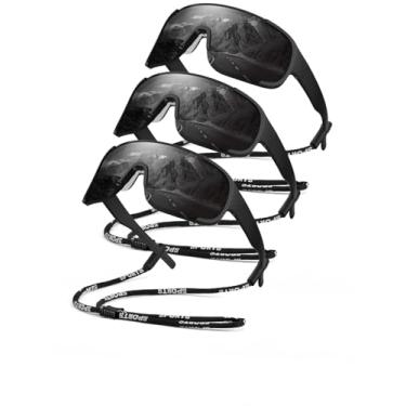 Imagem de Óculos de sol esportivos para ciclismo masculino e feminino, lentes polarizadas com cordas, para corrida ao ar livre, pacote com 3, Preto/Preto/Preto
