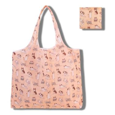 Imagem de Sacolas de compras reutilizáveis para mulheres, sacolas de compras de poliéster dobráveis extragrandes resistentes laváveis na máquina reutilizáveis para armazenamento de viagem, uso diário, gato fofo