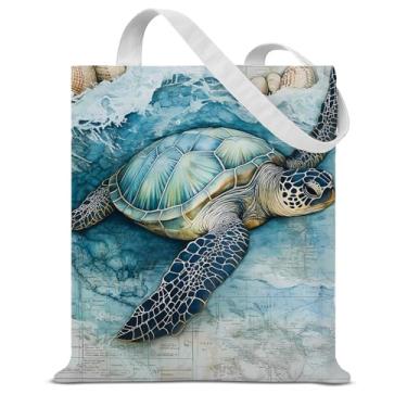 Imagem de Sacola de lona de tartaruga para mulheres, estampa de tartaruga, vida marinha, náutica, reutilizável, mercearia, compras, bolsa de ombro para viagem de praia