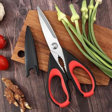 Imagem de Tesoura de cozinha multiuso resistente, tesoura de utensílios de cozinha com bainha protetora e alça confortável, conjunto de utensílios de cozinha de aço inoxidável para carne, legumes, ervas