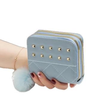 Imagem de Bolsa de cartão quadrada de couro PU macio carteira feminina clutch bola de pelúcia macia simples bolsa feminina longa bolsa externa (azul curta)