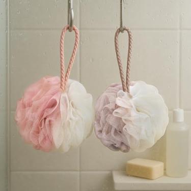 Imagem de 2 esponjas de bucha de chuveiro para mulheres, bola de pufe de esponja de banho de 50 g, esfregão de bucha de chuveiro de malha para o corpo, buchas de limpeza diária (rosa + cáqui)