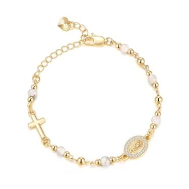 Imagem de Pulseira feminina de ouro virgem maria - pulseira de cruz religiosa banhada a ouro 14 K, joia delicada dourada não manchada Virgen De Guadalupe com contas de pedra natural, presente de confirmação de