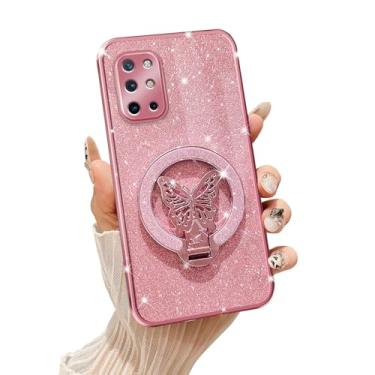 Imagem de Tesazxcn Capa de telefone para OnePlus 8T [compatível com Magsafe] com suporte de borboleta e cordão de TPU macio brilhante capa de proteção à prova de choque para OnePlus 8T, ouro rosa