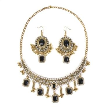 Imagem de NewZenro Brincos retangulares com pingente de borla com contas CZ cristal imitação pérola em camadas conjunto de colar para mulheres vintage indiano moda tradicional moda moda Bollywood joias, Medium