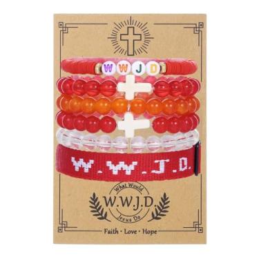 Imagem de Pingyongchang W.W.J.D. Conjunto de pulseiras cruzadas para mulheres, homens, boho, contas de vidro de argila, empilháveis, pulseiras elásticas What Wound Jesus Do Pulseira Christian Religious Faith