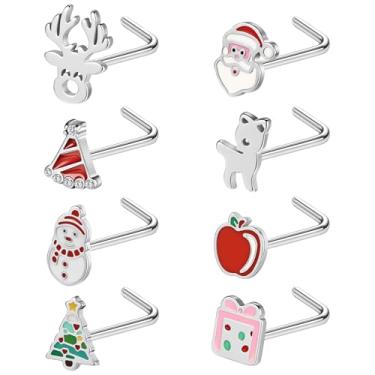Imagem de ZS 8 peças de anéis de aço inoxidável 20G de parafusos de nariz de Natal, árvore de Natal, floco de neve, alce, joia de narina, prata, saca-rolhas de Natal em forma de L para mulheres, Aço inoxidável