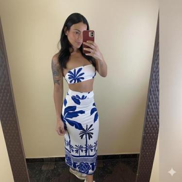 Imagem de Conjunto Tropical Elegante Top Faixa e Saia Longa com Estampa de Folha
