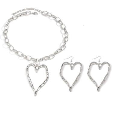 Imagem de WLL Y2K Conjunto de brincos de colar de coração grande para mulheres grosso grande coração declaração colar moderno brincos pendentes joias, 8*5.5cm, Zinco, Sem Pedra Preciosa