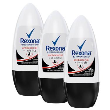 Imagem de Kit 3 Desodorante Antitranspirante Rexona Antibacterial + Invisible Roll-on 50ml
