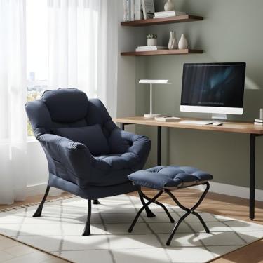 Imagem de Furlide Cadeira preguiçosa com otomano, espreguiçadeira moderna com almofada lombar, poltrona de leitura aconchegante e apoio para pés dobrável para quarto, dormitório, sala de estar, azul marinho