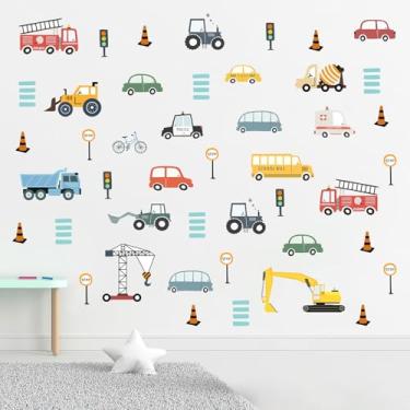 Imagem de Mfault Adesivos de parede de carro de veículo com desenho animado, colorido, transporte, caminhão, escavadeira, trator, decoração de quarto de crianças, sinal de trânsito, meninos, crianças, quarto de