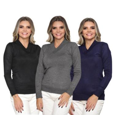 Imagem de Kit 3 Blusas Feminina Sueter Tricô Macio Gola V Manga Longa Inverno - 
