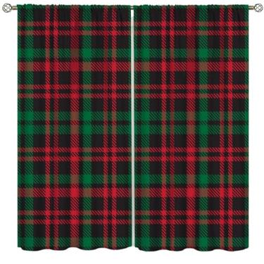 Imagem de Cortinas xadrez de Natal vintage Natal vermelho verde design estampado bolso haste tratamentos de janela para sala de estar quarto decoração interna 106.7 cm L x 114.3 cm C