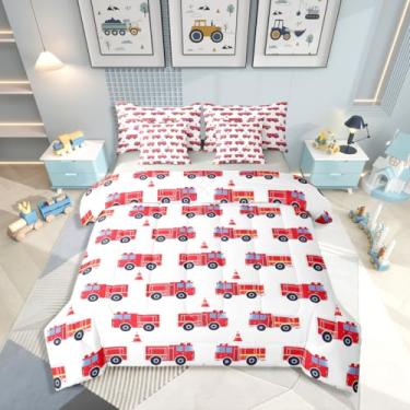Imagem de Erosebridal Conjunto de cama solteiro com desenho animado de caminhão de bombeiros, 7 peças, cama de carro de bombeiros vermelhos em uma bolsa, conjunto de edredom com lençol para decoração de quarto