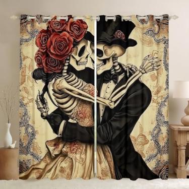 Imagem de Cortinas de caveira de açúcar rosa flor romântica, esqueleto de rosa vermelha, remoção de ervas daninhas 137 cm L L x 163 cm C 2 painéis cortinas e cortinas, cortinas românticas para meninas mulheres
