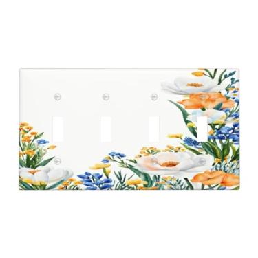 Imagem de SgEdao Capa decorativa para interruptores placa rústica flor silvestre branca azul floral 4 gangues placa de parede grande com interruptor de luz quadriciclo placa frontal jumbo para decoração de casa