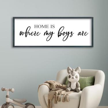 Imagem de FZMHASLWW Home Is Where My Boys Are Placa decorativa de parede 81 cm x 30 cm com citação de família arte emoldurada de madeira para quarto de meninos e crianças (preta)
