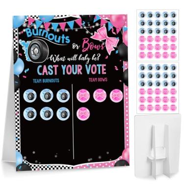 Imagem de Poen Tabuleiro de jogo Burnouts or Bows para revelação de gênero com suporte, 60 adesivos de arco rosa e roda legal, dê seu voto suprimentos de festa de chá de bebê, decorações de jogos de adivinhação