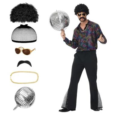 Imagem de TobWeaL Roupas de discoteca masculinas dos anos 70 – Conjunto retrô de calça e camisa com acessórios dos anos 70 para festa temática de Halloween, Pontos coloridos, P