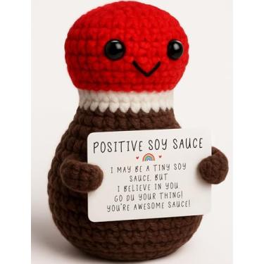 Imagem de Positive Soy Sauce Crochet Emotional Gift – Cute Tiny Encouragement Plush with Motivational Card – Birthday, Graduation, Nurse Week, Back to School, Christmas for Women Men Teens Coworkers Sushi Lover