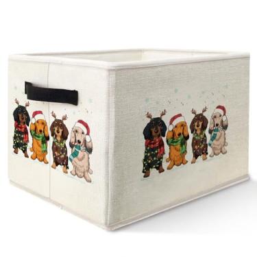Imagem de Yhtrg Dachshund Cesta de armazenamento de Natal com alças, presentes para amantes de dachshund, papai noel rena Weiner cestos de armazenamento de tecido dobrável bolsa organizadora para presentes