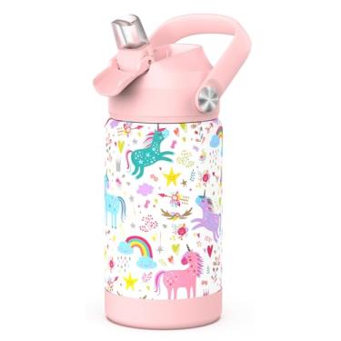 Imagem de Ntswasd Garrafa de água isolada para meninas com canudo, copos infantis de 340 g com aço inoxidável à prova de vazamento para creche escolar (unicórnio)