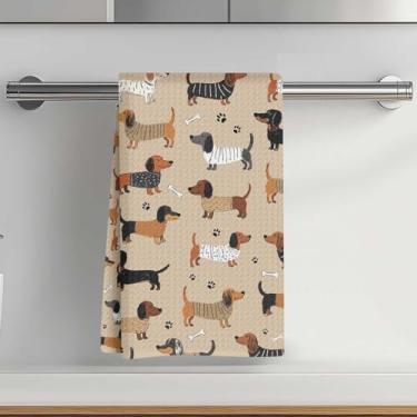 Imagem de Toalhas de cozinha com estampa de dachshund fofas 35 x 61 cm, suéter, toalha de prato decorativa de microfibra absorvente de patas, toalhas de chá de waffle para cozinha, casa, banheiro, presentes